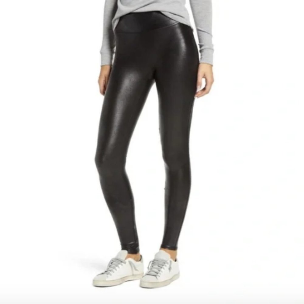 Spanx Black Glossy Faux Leather High Rise Leggings, Size Small Petite